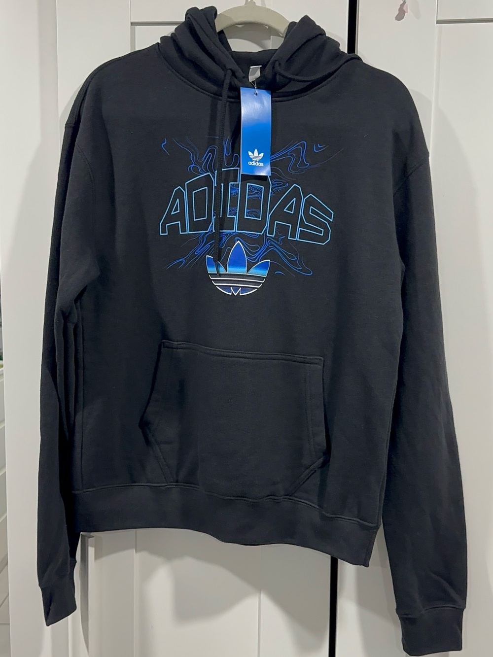 adidas Black Crewneck Hoodie with Blue Logo Graphic